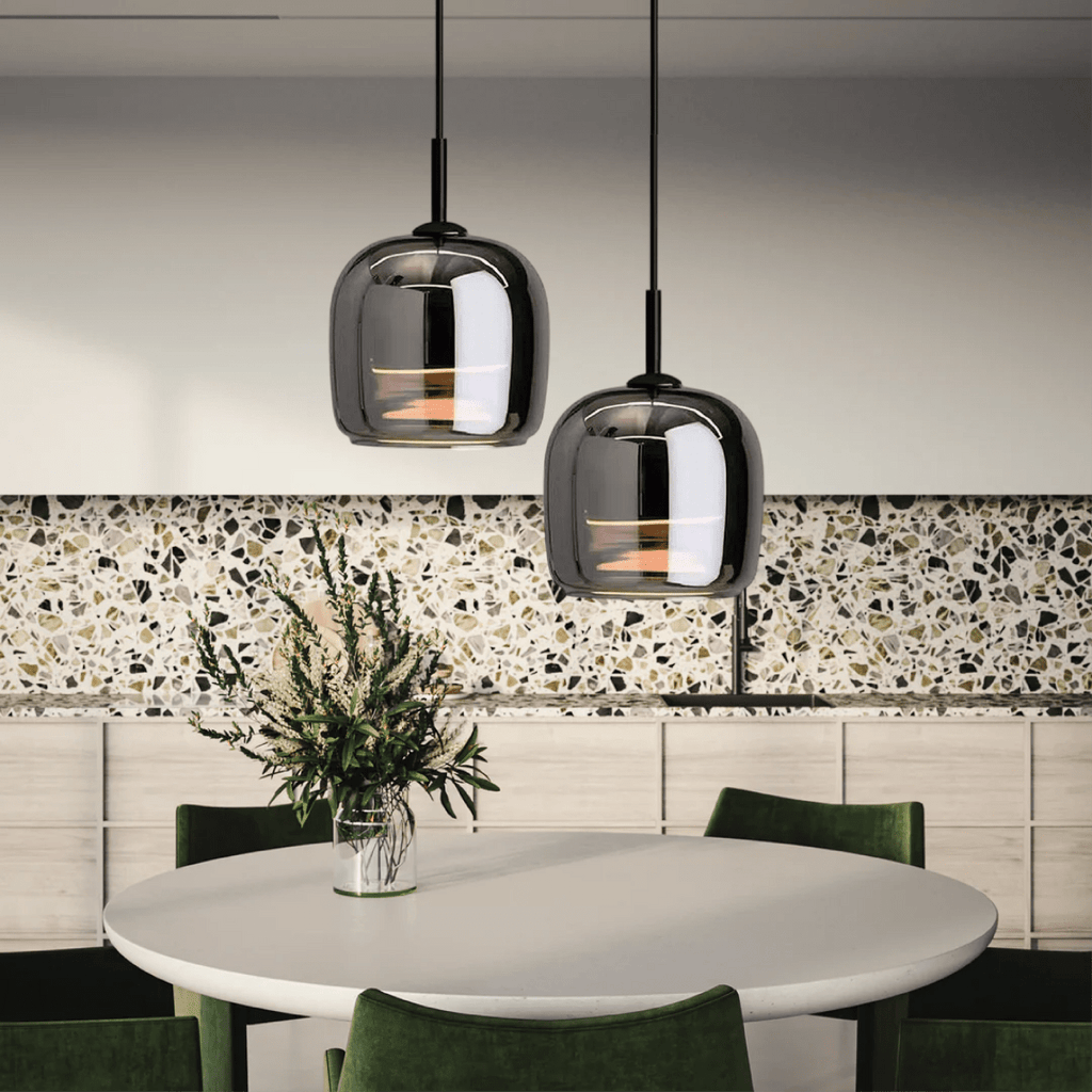 Pendant Light, Rounded Black Glass Shade, 12-Inch Diameter