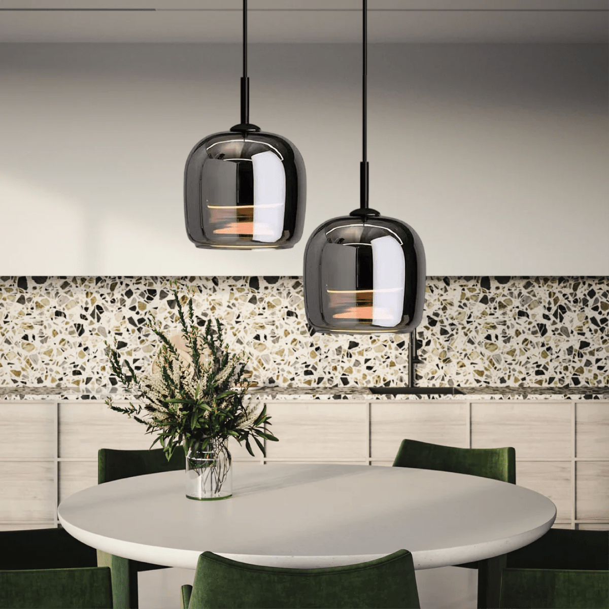 Pendant Light, Rounded Black Glass Shade, 12-Inch Diameter
