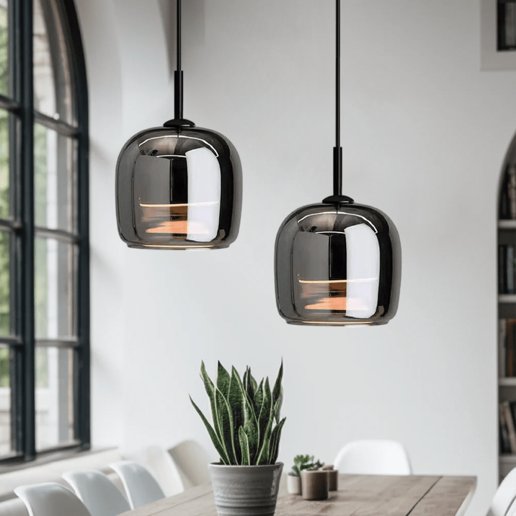 Pendant Light, Rounded Black Glass Shade, 12-Inch Diameter