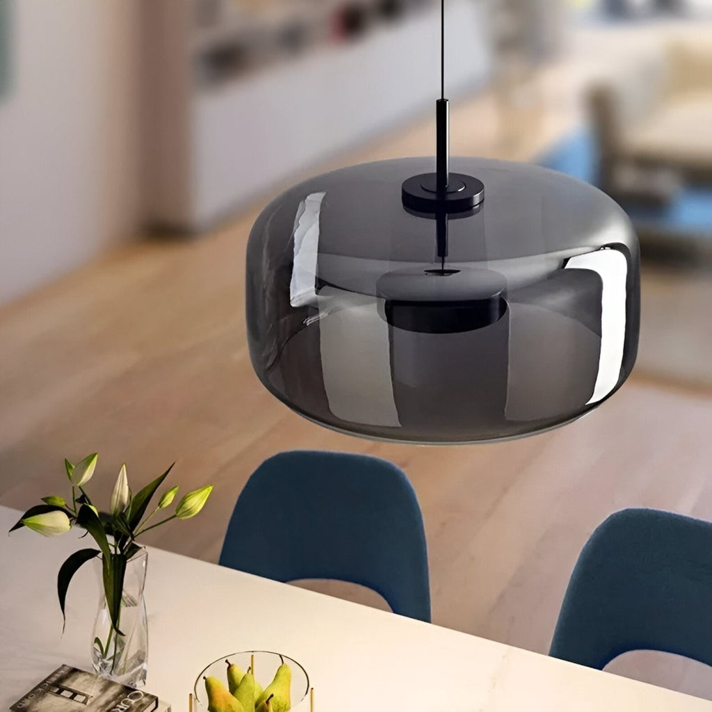 Pendellampe, håndblæst glasskærm, integreret LED, jernloftplade, 12 tommer