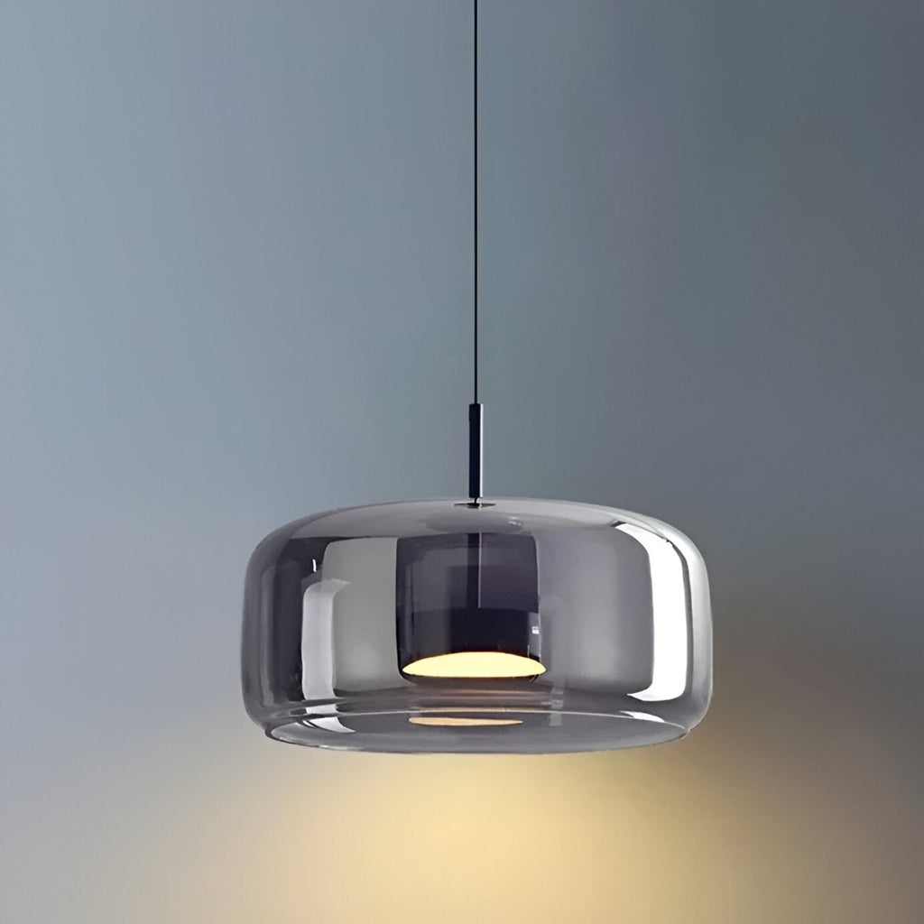 Pendellampe, håndblæst glasskærm, integreret LED, jernloftplade, 12 tommer