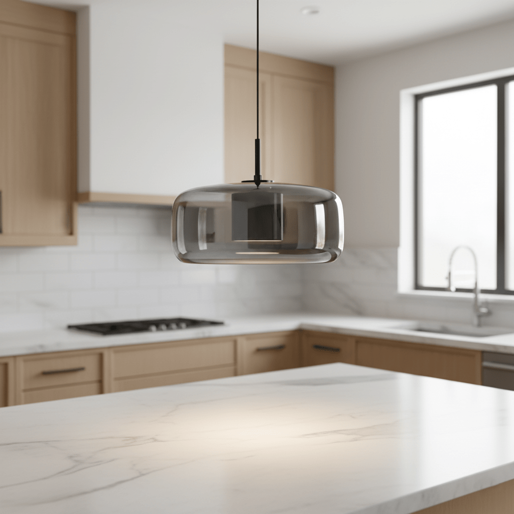 Pendellampe, håndblæst glasskærm, integreret LED, jernloftplade, 12 tommer