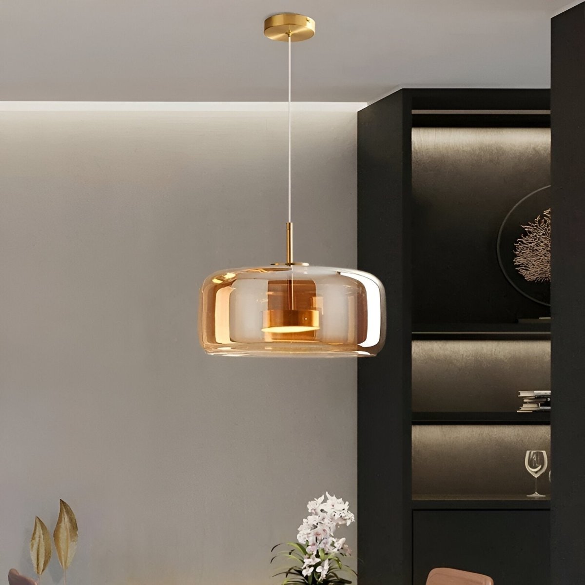 Pendellampe, håndblæst glasskærm, integreret LED, jernloftplade, 12 tommer