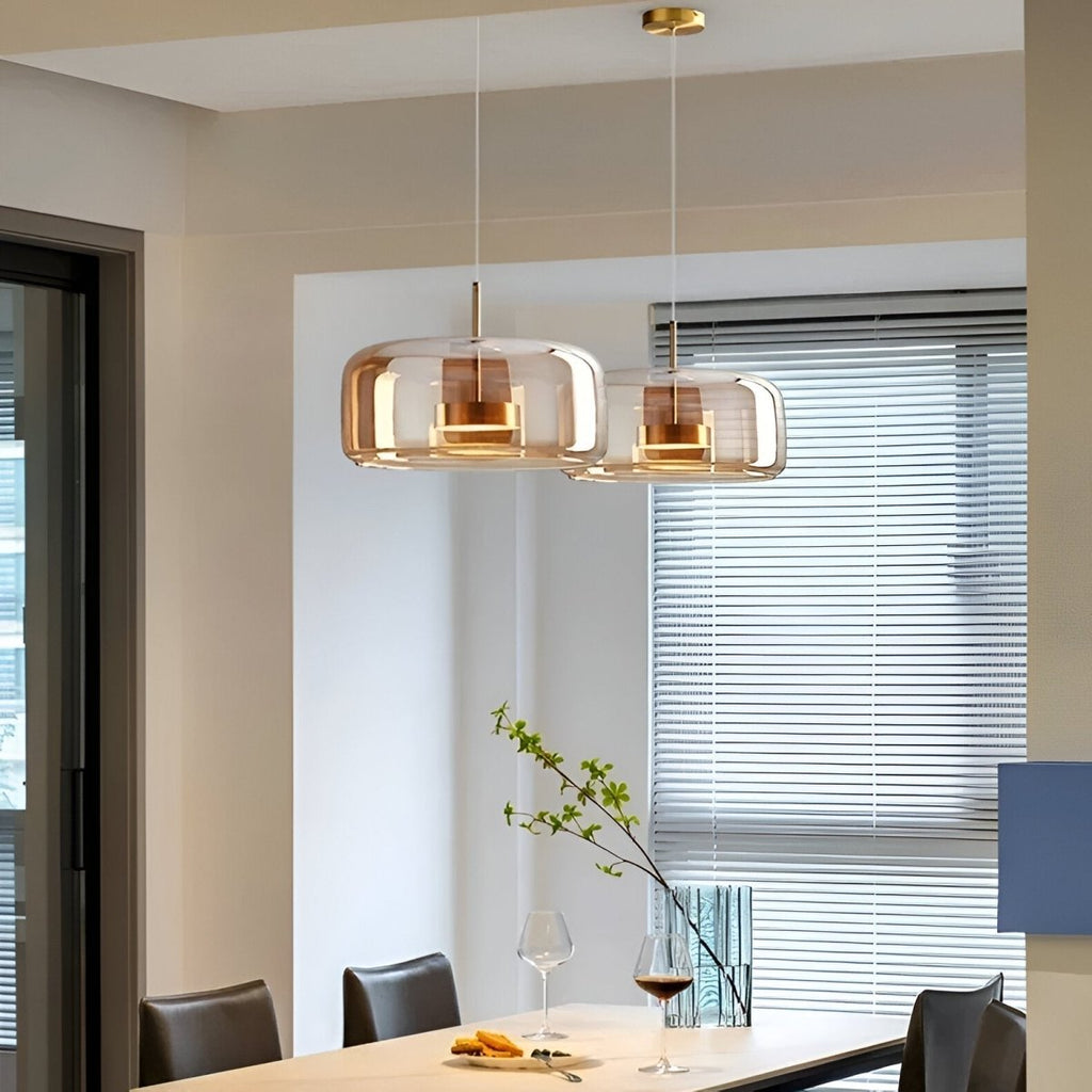 Pendellampe, håndblæst glasskærm, integreret LED, jernloftplade, 12 tommer
