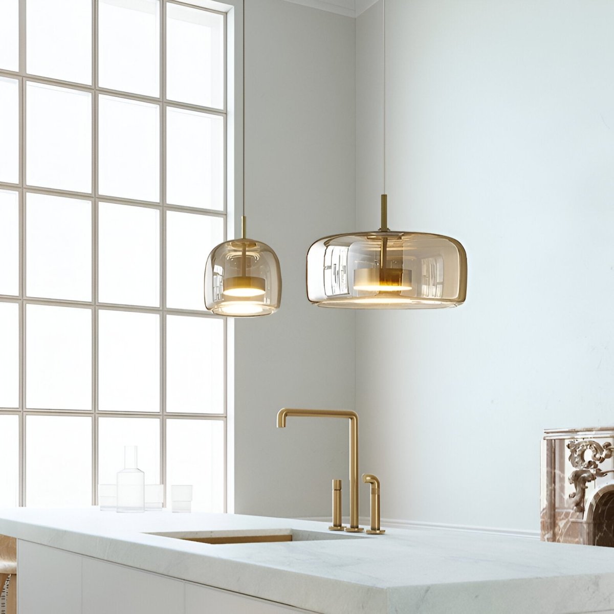 Pendellampe, håndblæst glasskærm, integreret LED, jernloftplade, 12 tommer
