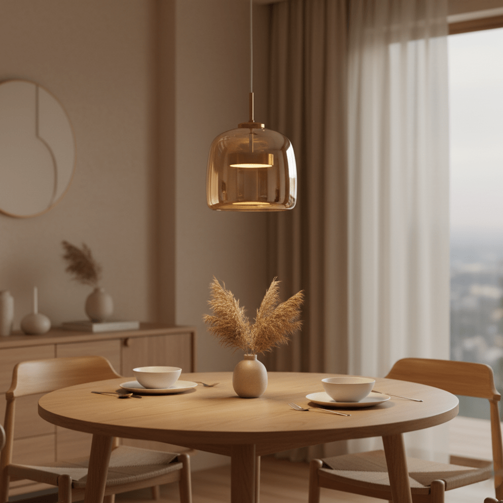 Pendellampe, håndblæst glasskærm, integreret LED, jernloftplade, 12 tommer