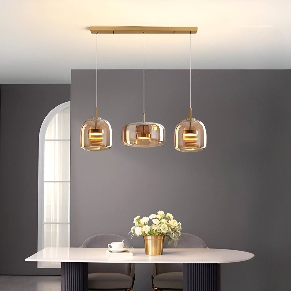 Pendellampe, håndblæst glasskærm, integreret LED, jernloftplade, 12 tommer