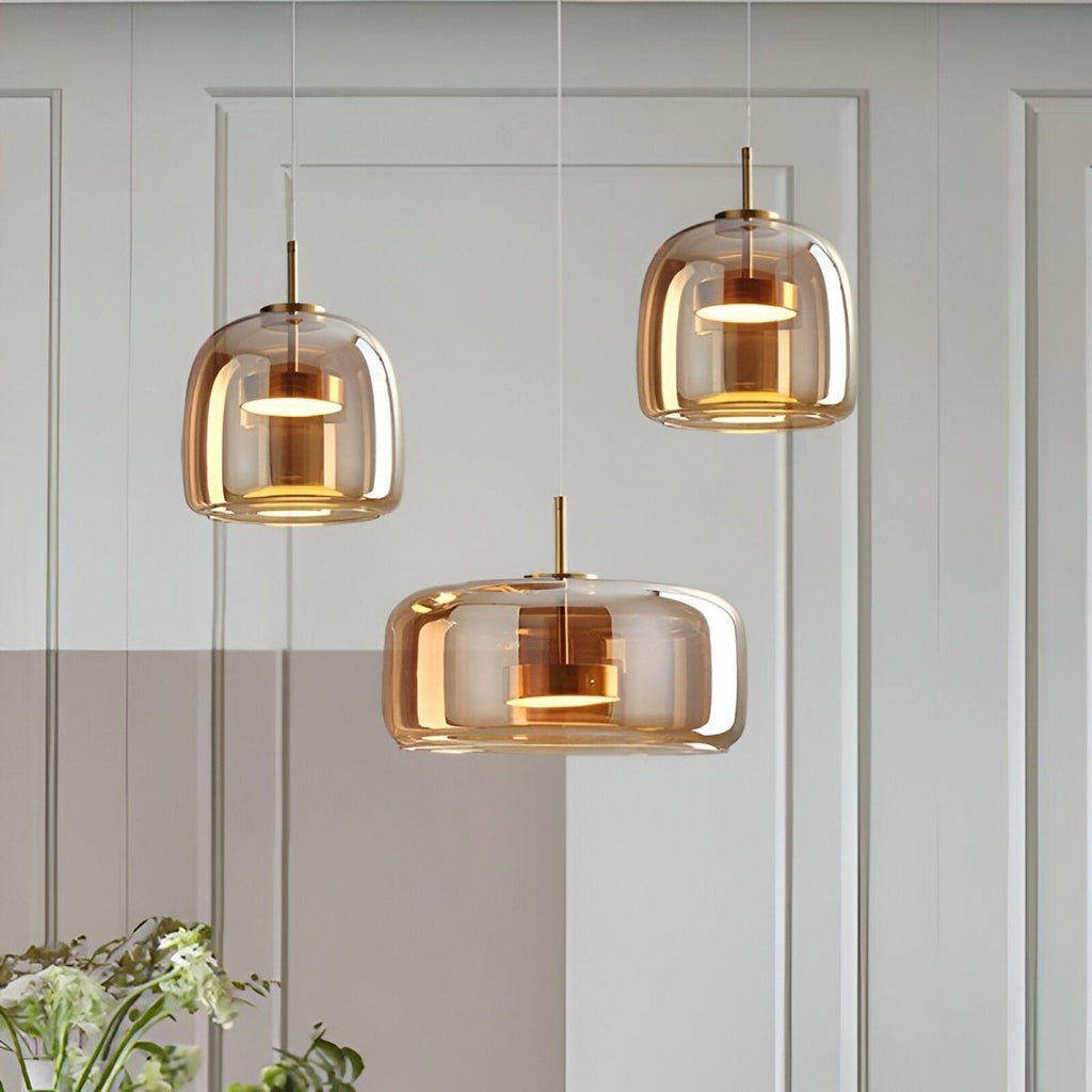 Pendellampe, håndblæst glasskærm, integreret LED, jernloftplade, 12 tommer