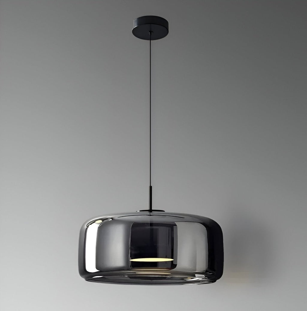 Pendellampe, håndblæst glasskærm, integreret LED, jernloftplade, 12 tommer