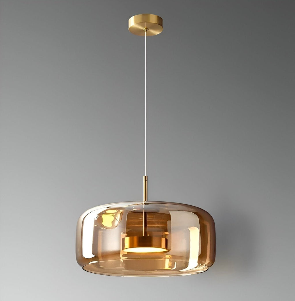 Pendellampe, håndblæst glasskærm, integreret LED, jernloftplade, 12 tommer