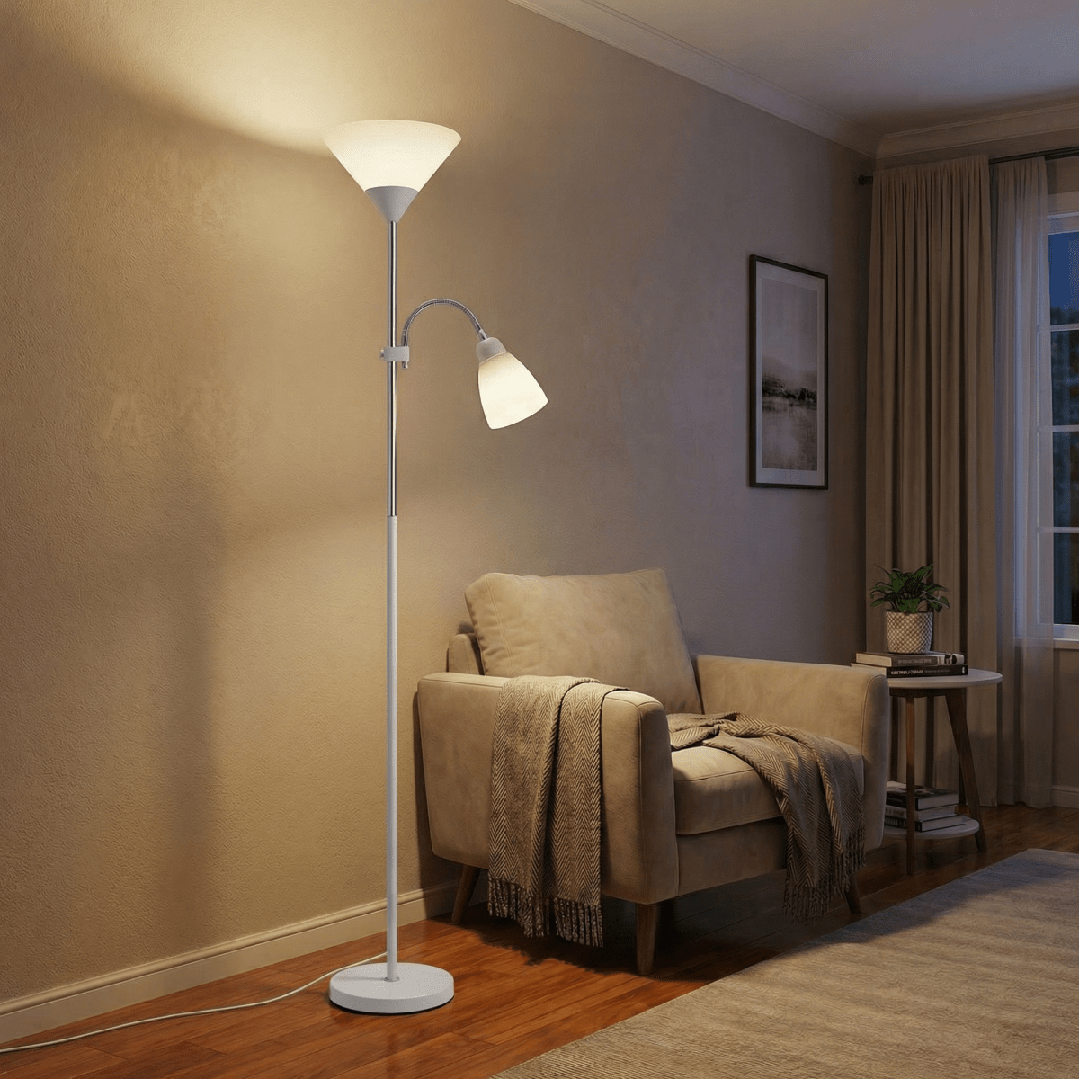 Floor Lamp, Dual-Head Metal Frame, Adjustable Reading Light