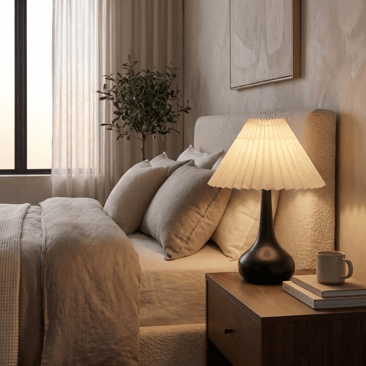 Pleated Fabric Shade Table Lamp, Gourd Base, Tri-Color LED, 14-Inch