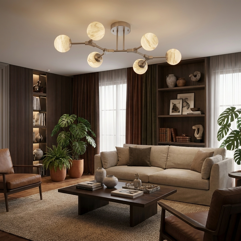 In brushed nickel, this Clérachic chandelier spreads its angular arms above a living room with leather armchairs.