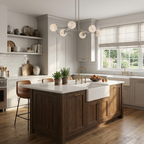 Above a farmhouse sink and wood island, this nickel Clérachic chandelier lights a grey kitchen.