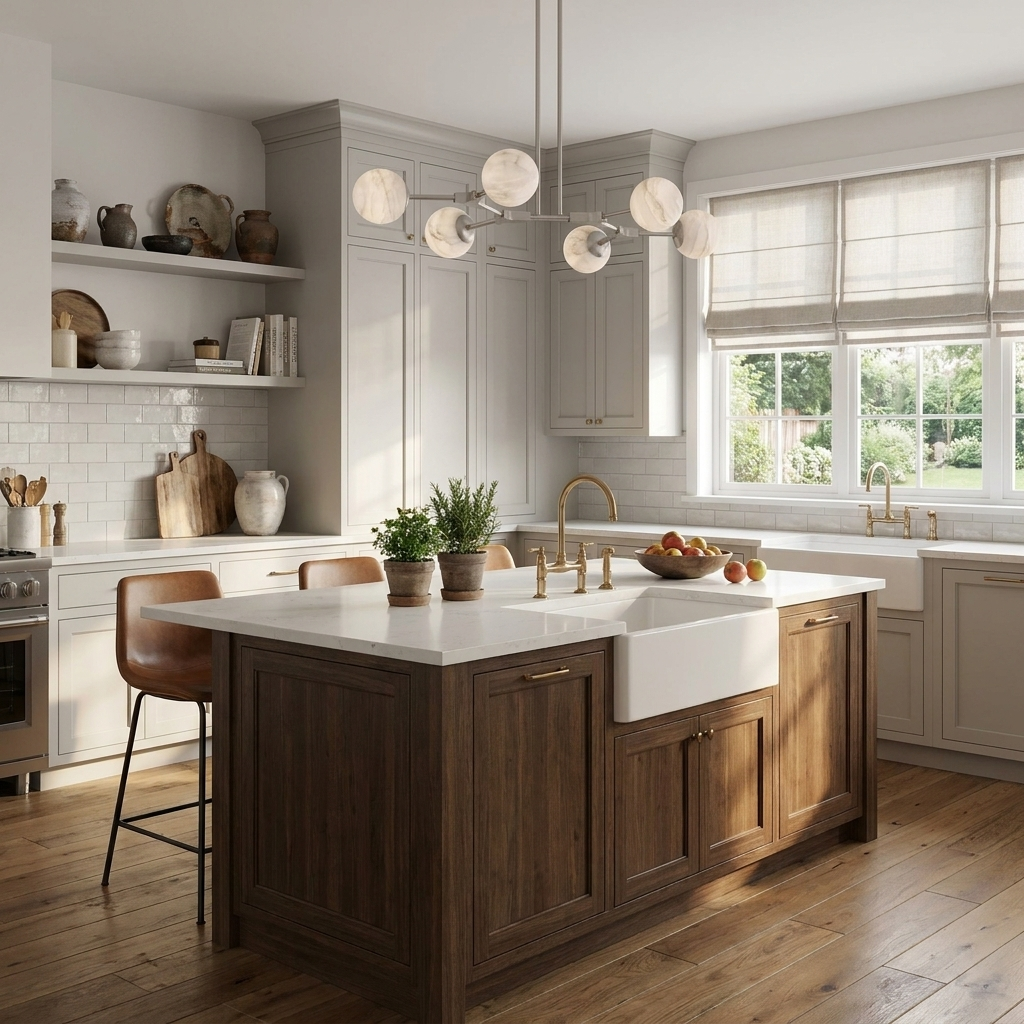 Above a farmhouse sink and wood island, this nickel Clérachic chandelier lights a grey kitchen.