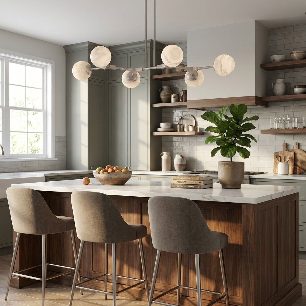 Over a kitchen island with upholstered stools, this nickel Clérachic chandelier branches beside open shelving.
