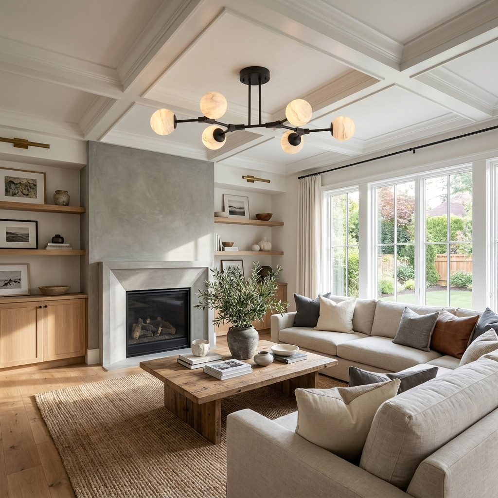 In matte black, this Clérachic chandelier hangs from a coffered ceiling above a sectional sofa and fireplace.