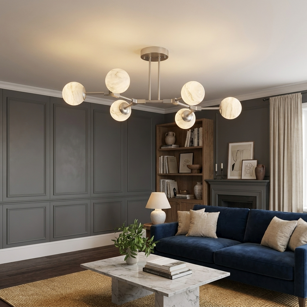 Centered above a navy sofa, this nickel Clérachic chandelier lights a dark-paneled living room.