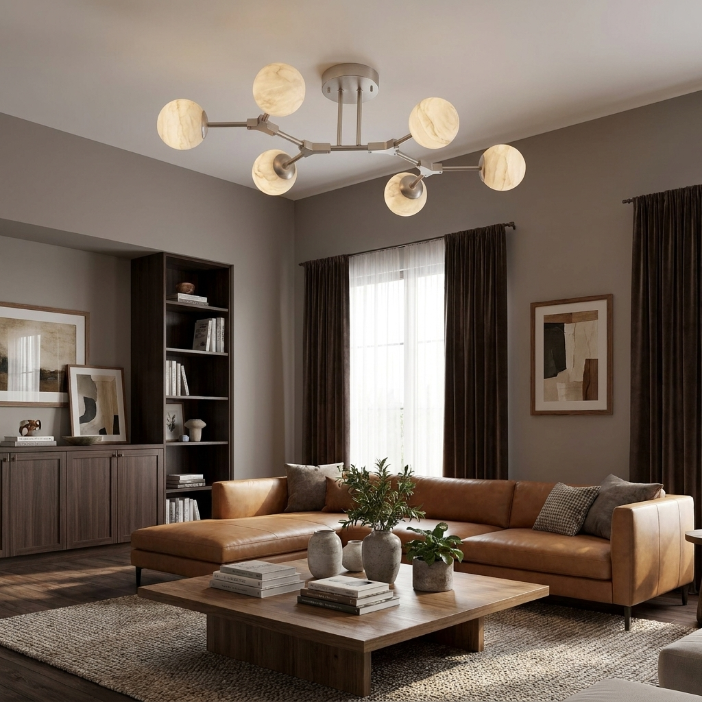 This nickel Clérachic chandelier branches above a living room with dark curtains and a leather sofa.