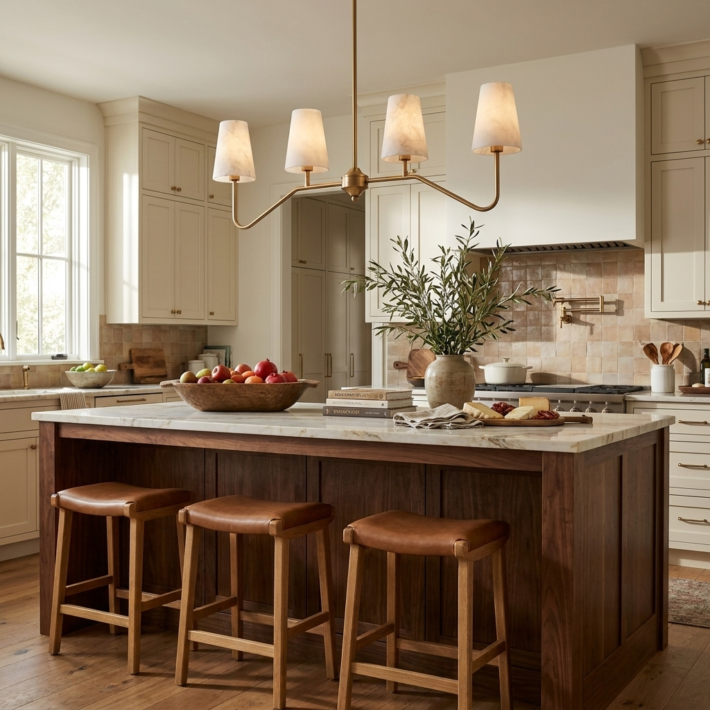 In a warm kitchen with cream cabinets, this Clérachic chandelier hangs low over the island in a brushed brass finish.