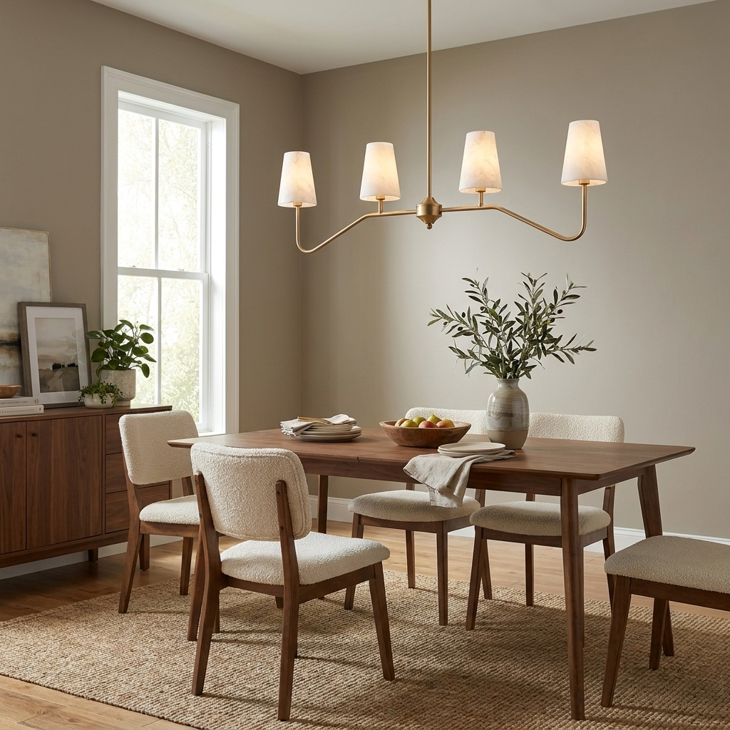 In a mid-century dining room with cream fabric chairs, this Clérachic chandelier hangs in brushed brass above a set table.