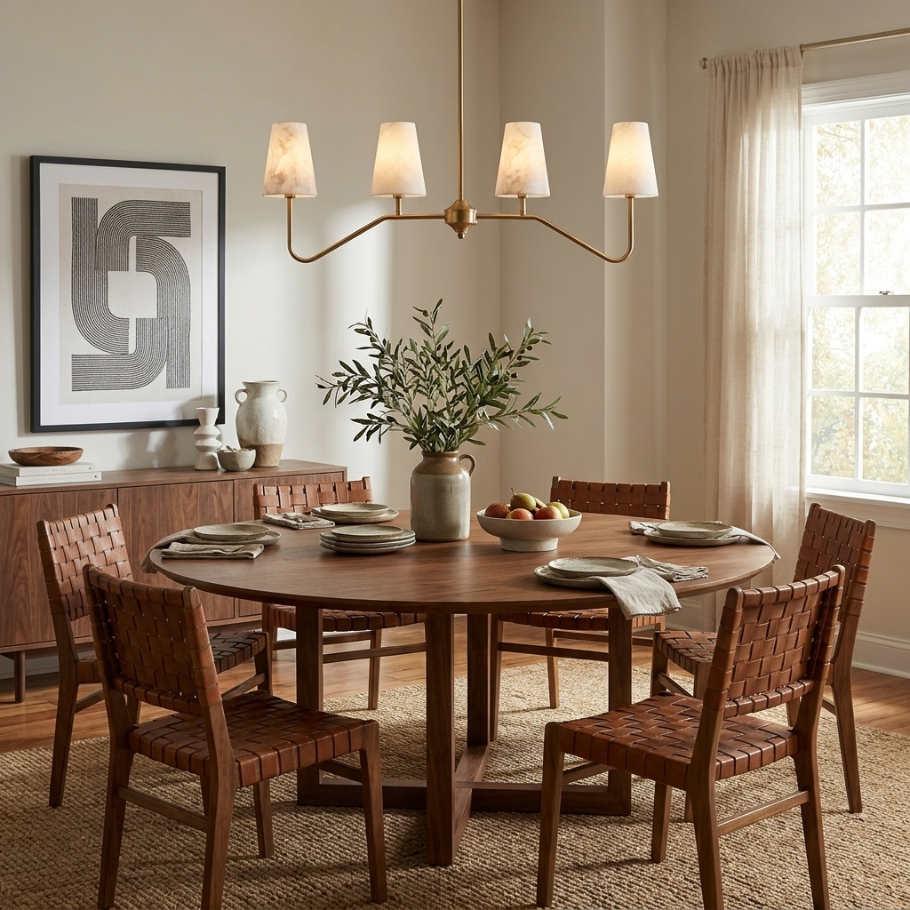 Above a round wood table ringed with woven leather chairs, this Clérachic chandelier in brushed brass lights a bowl of fruit.