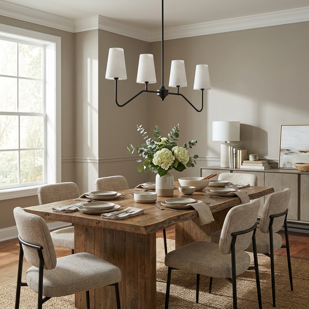 Over a rustic wood table with black-framed chairs, this Clérachic chandelier's four chevron arms show a matte black finish.