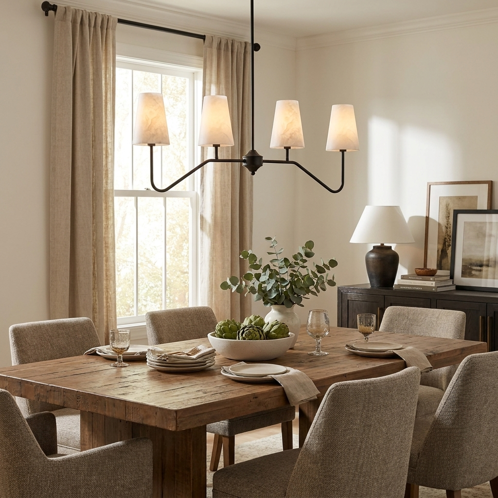 Beside a curtained window in a dining room, this Clérachic chandelier in matte black hangs over a rustic wood table.