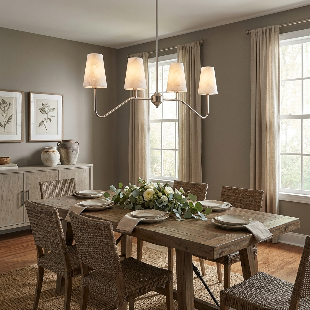 In a beige dining room with wicker-back chairs, this Clérachic chandelier in brushed brass hangs over a long wood table.