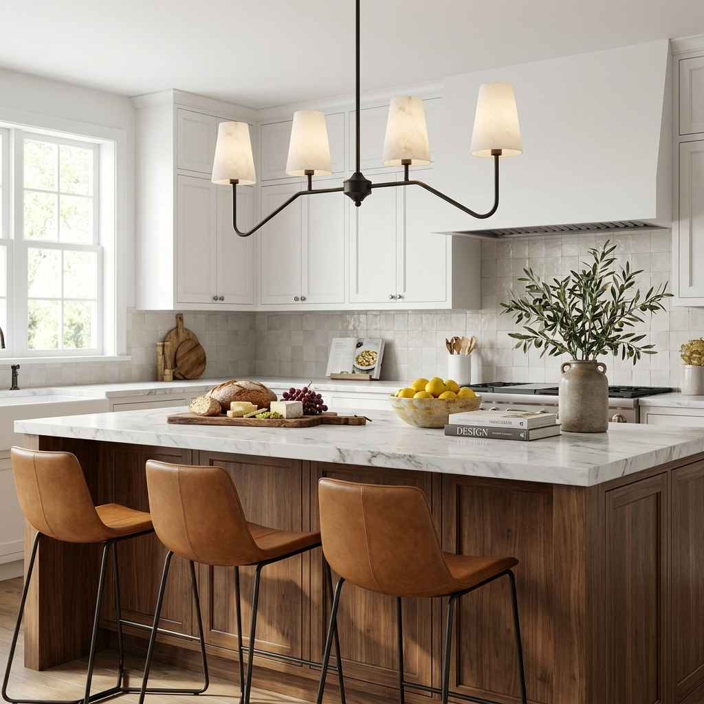 Over a marble kitchen island with tan leather stools, this Clérachic chandelier shows its matte black frame and alabaster shades.