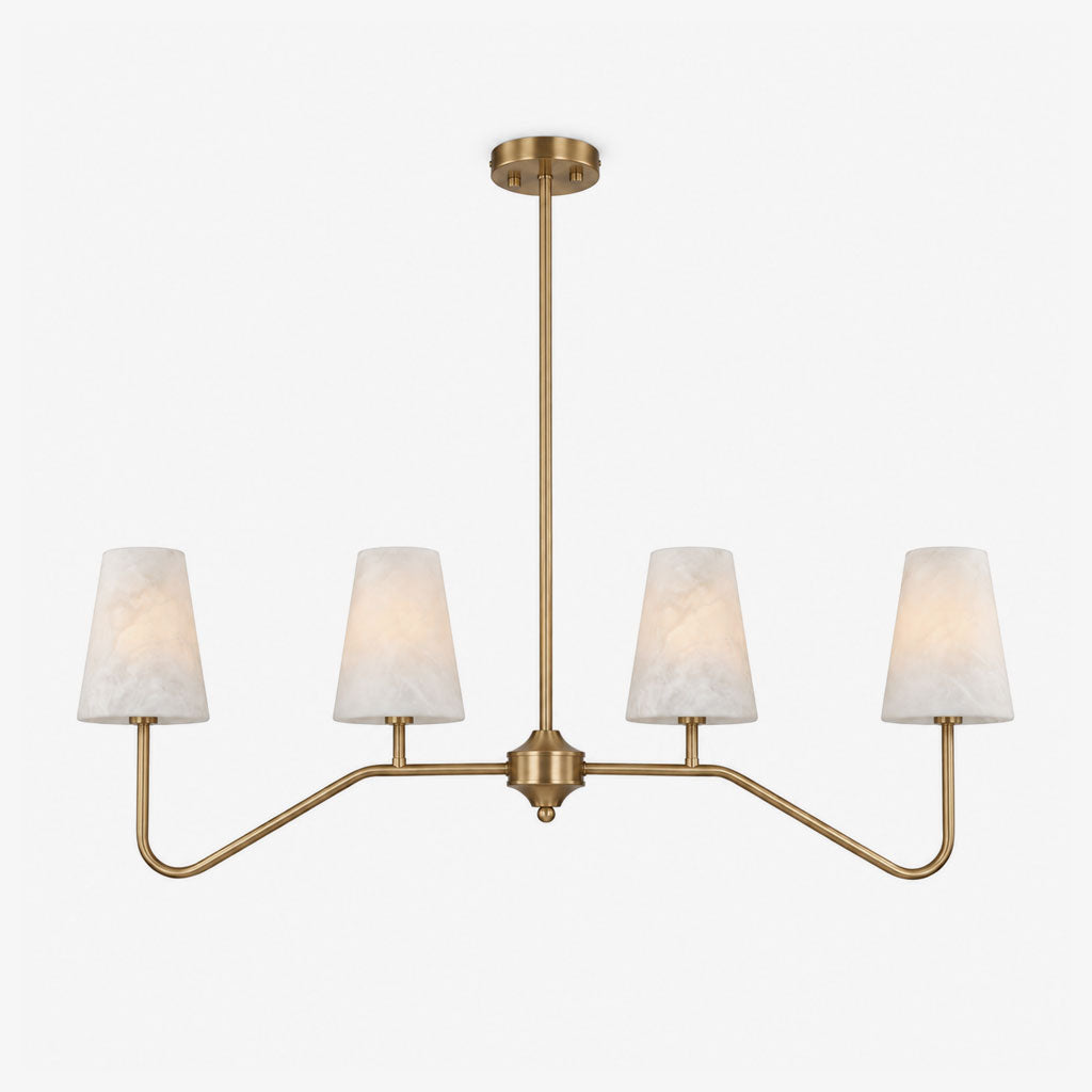Angled on a plain white backdrop, the brushed brass chevron arms of this Clérachic chandelier spread wide beneath a central rod.