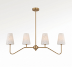 Front view on a plain white backdrop, this Clérachic chandelier's brushed brass arms fan out to four tapered alabaster cone shades.