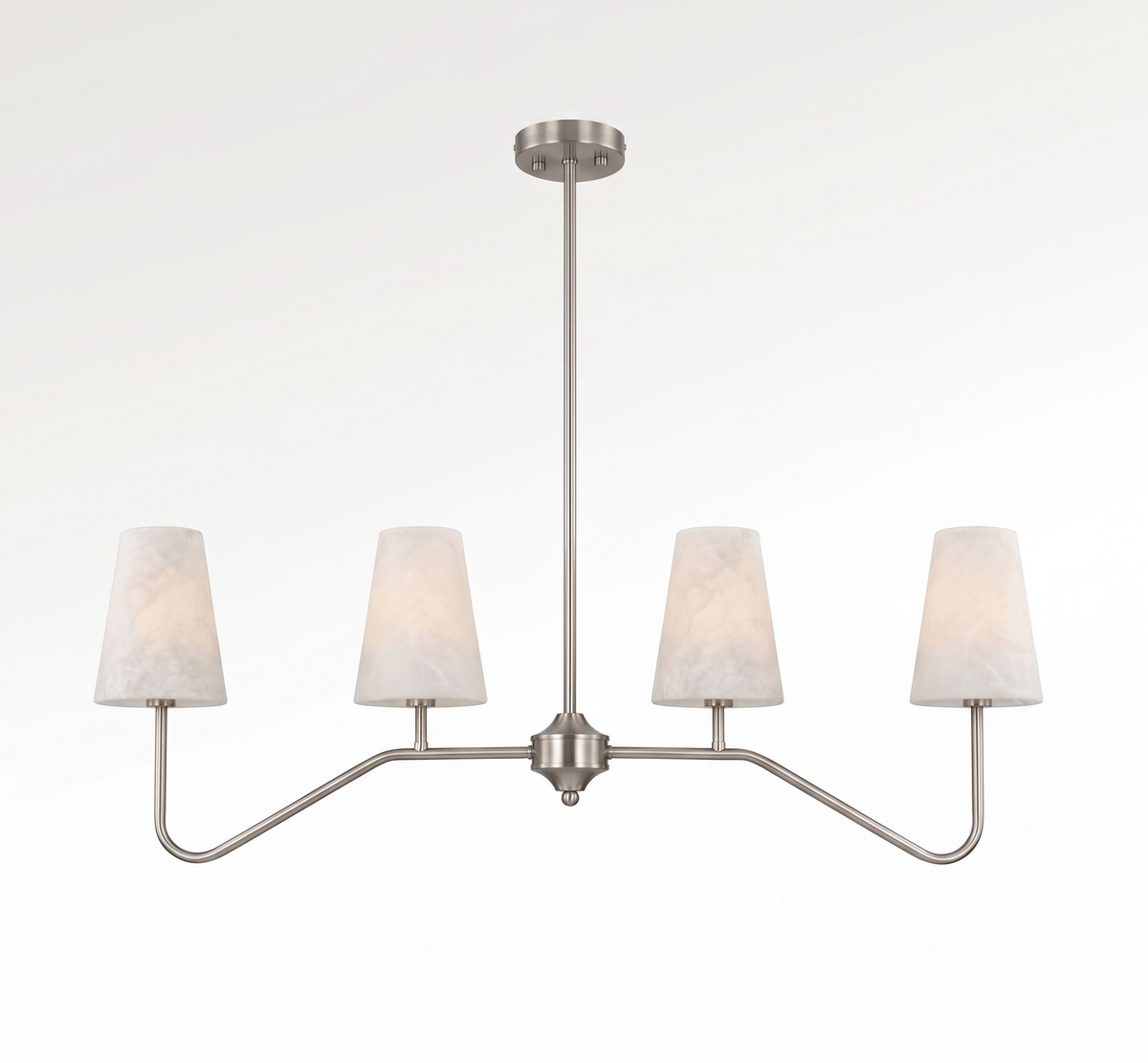Side-on against a white backdrop, the brushed nickel chevron arms of this Clérachic chandelier spread beneath a central rod.