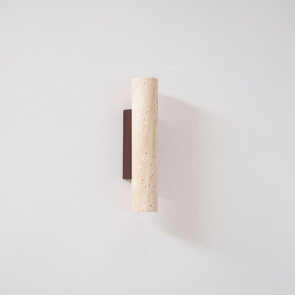 Close studio view of this Clérachic wall light, unlit, walnut wood backplate clearly visible.