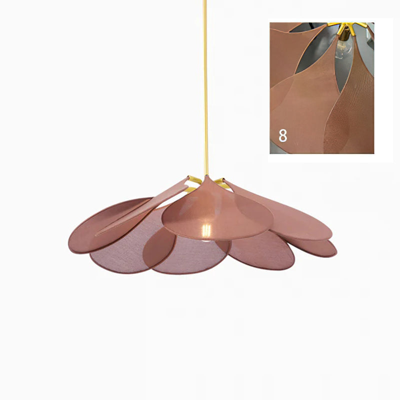 This Clérachic pendant lamp in dusty-mauve petals is shown lit from below, with a close-up inset of the petal join.
