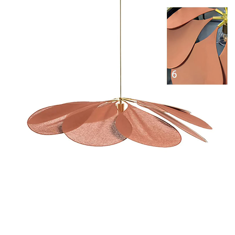 This Clérachic pendant lamp in copper-toned petals is shown at an angle, with a close-up inset of where the petals meet the frame.