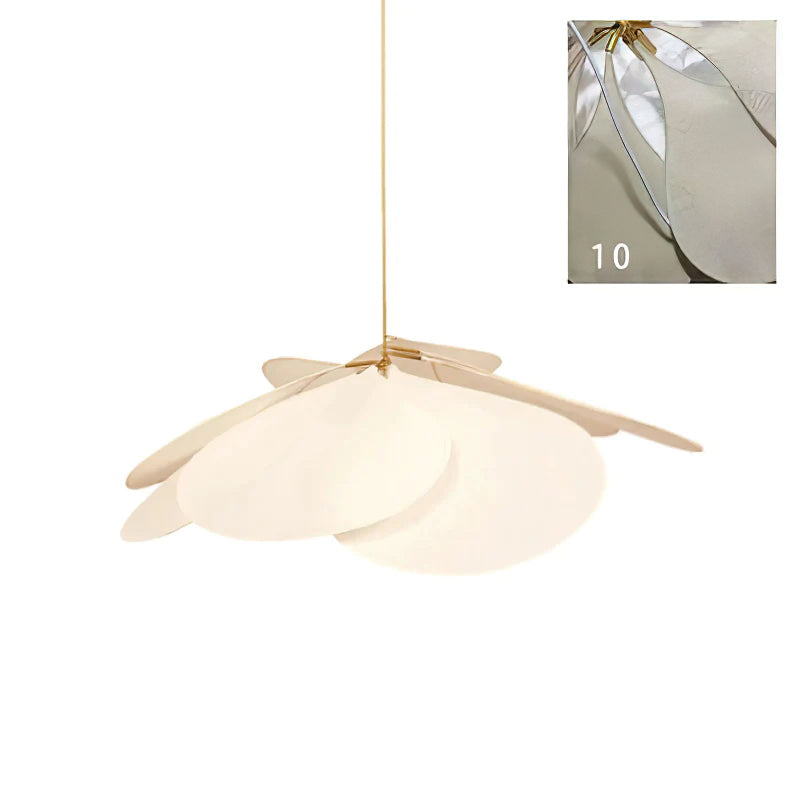This Clérachic pendant lamp in white petals is shown at an angle, with a close-up inset of the scalloped petal edges.