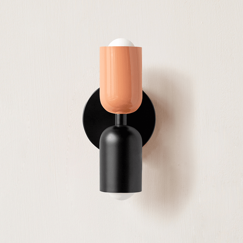 Wall lamp detail of black body and coloured shade