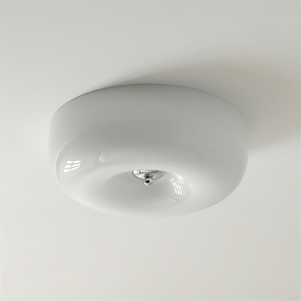 Round matt glass Cream Pudding ceiling light lit warm