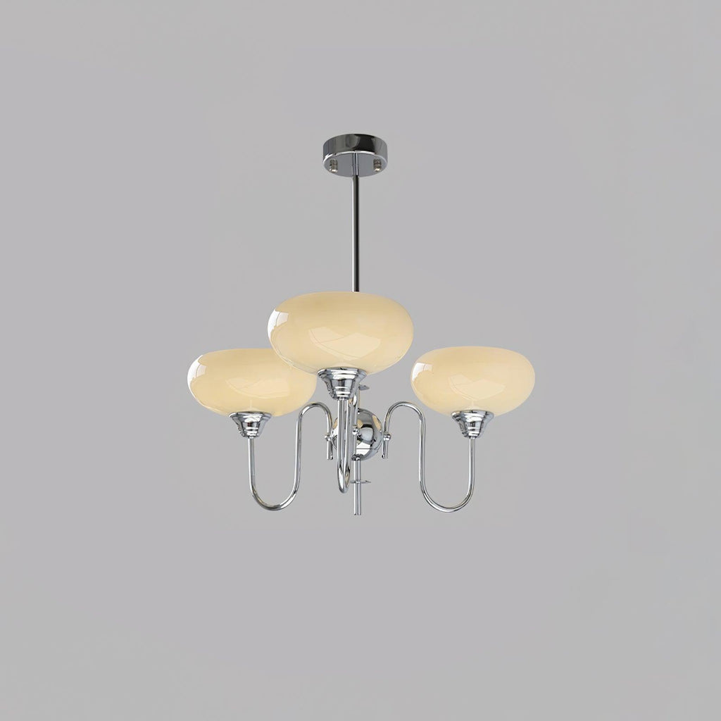 Side view of the persimmon chandelier with rounded glass globes