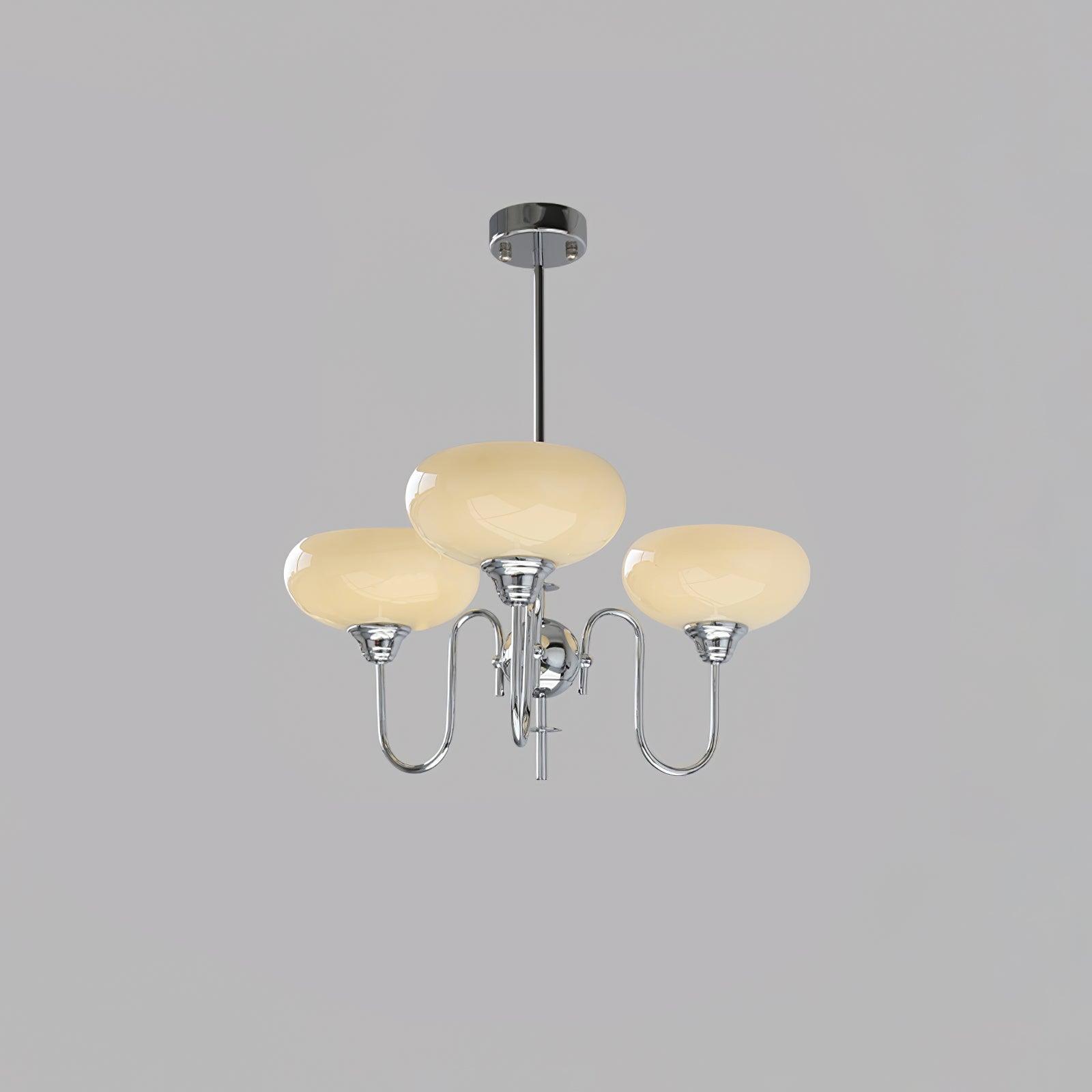 Side view of the persimmon chandelier with rounded glass globes