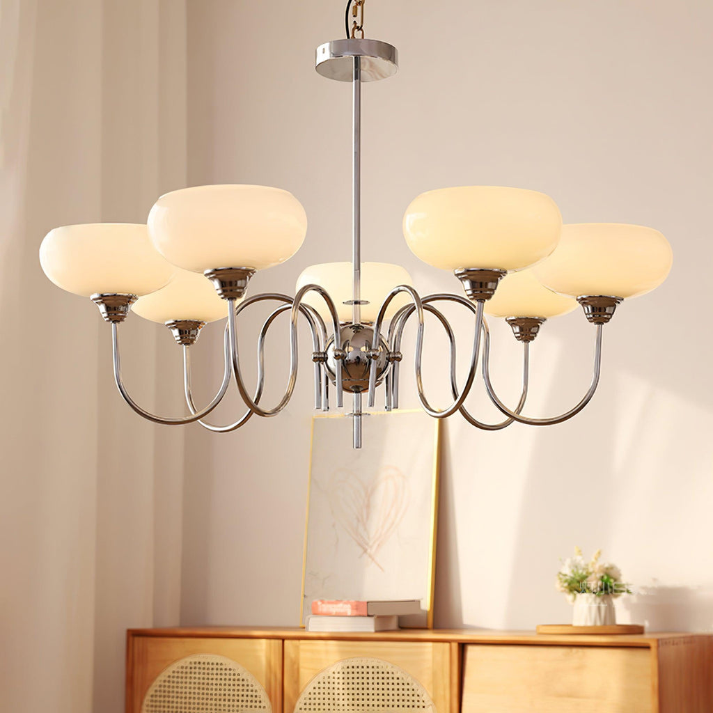 Persimmon chandelier with rounded milk-white glass globes