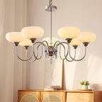 Persimmon chandelier with rounded milk-white glass globes