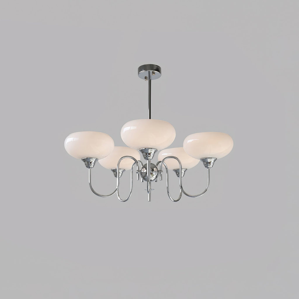 Persimmon chandelier with gold body and milk-white shades