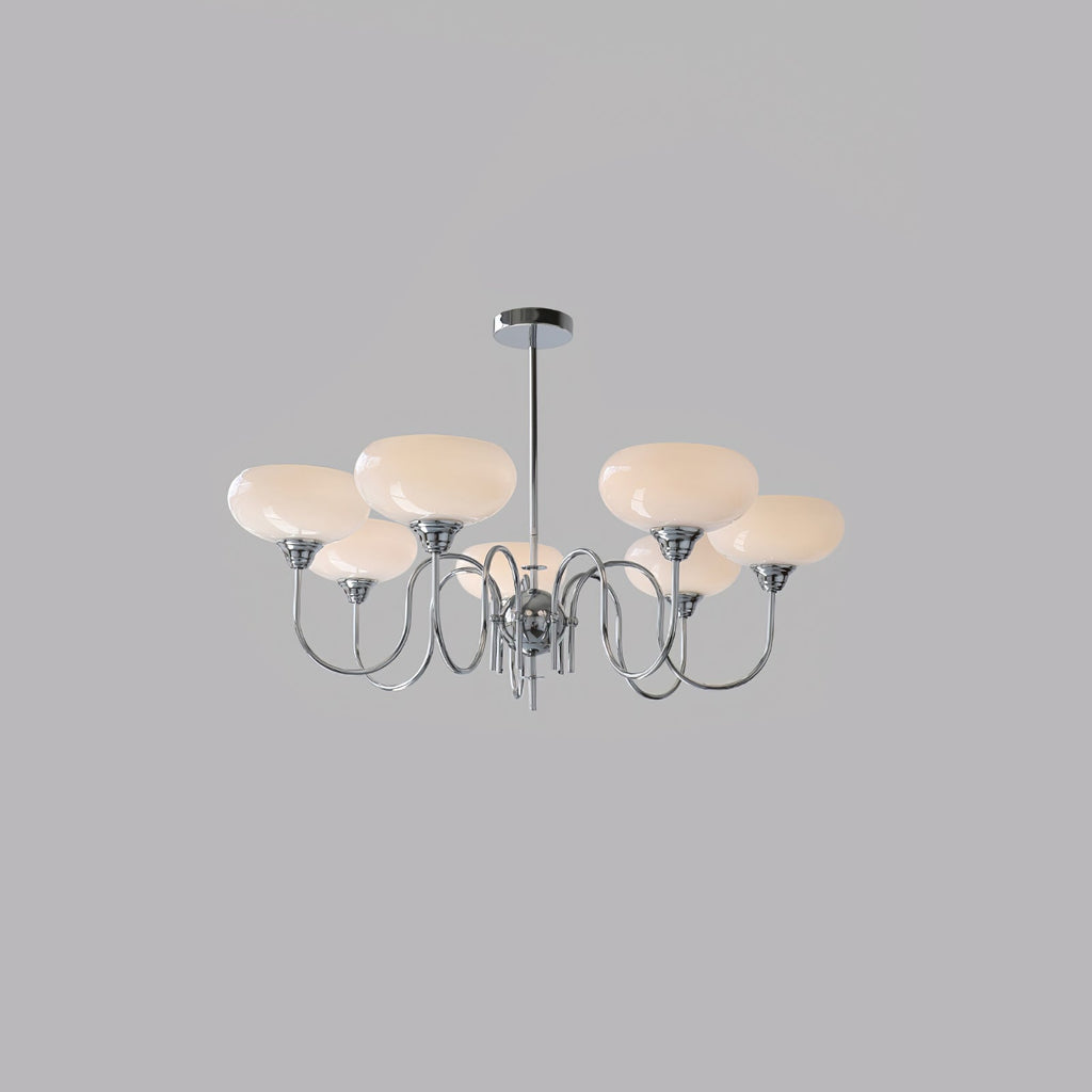 Persimmon chandelier with chrome body and creamy glass globes