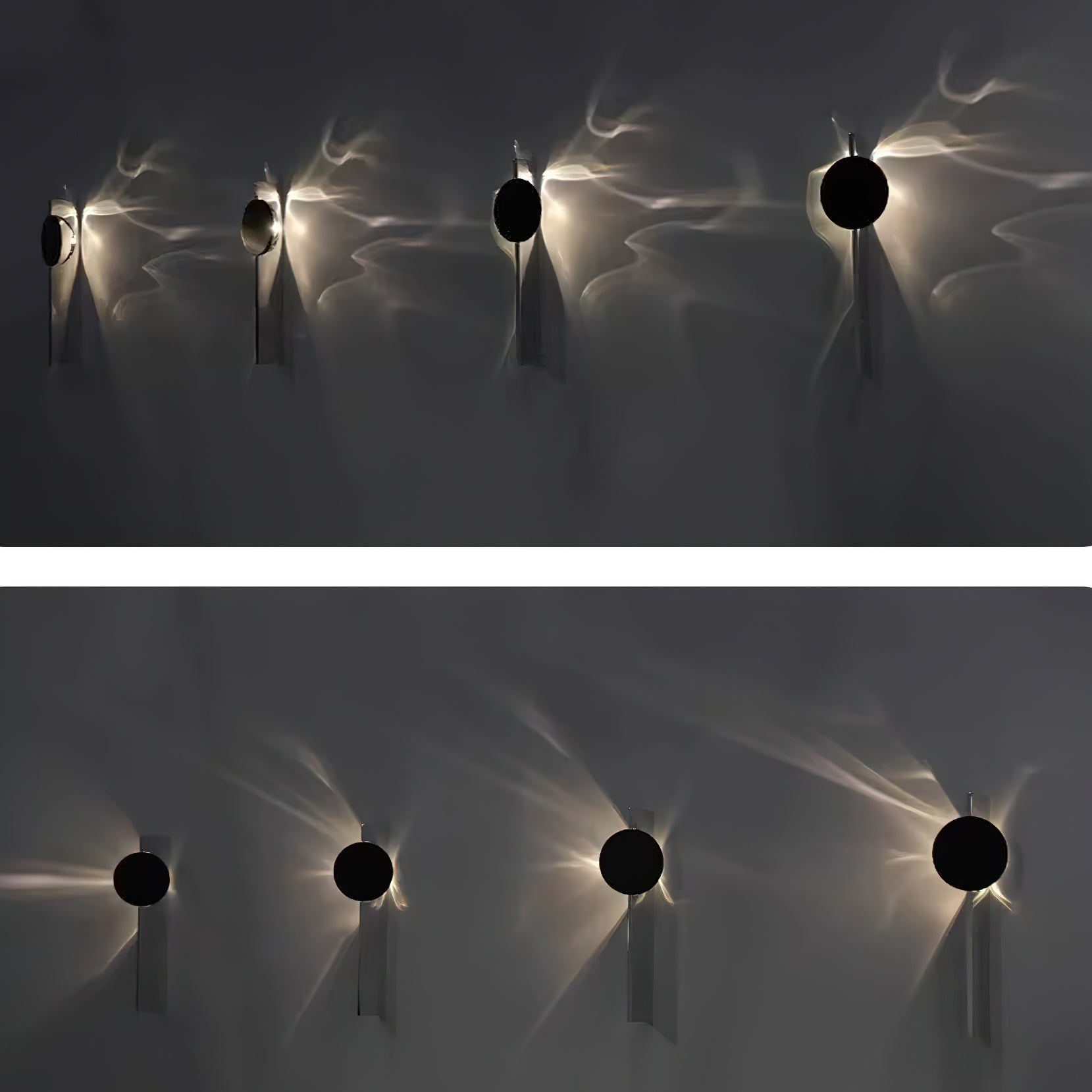 Mirrored chrome wall lamp throwing dramatic shadow lines
