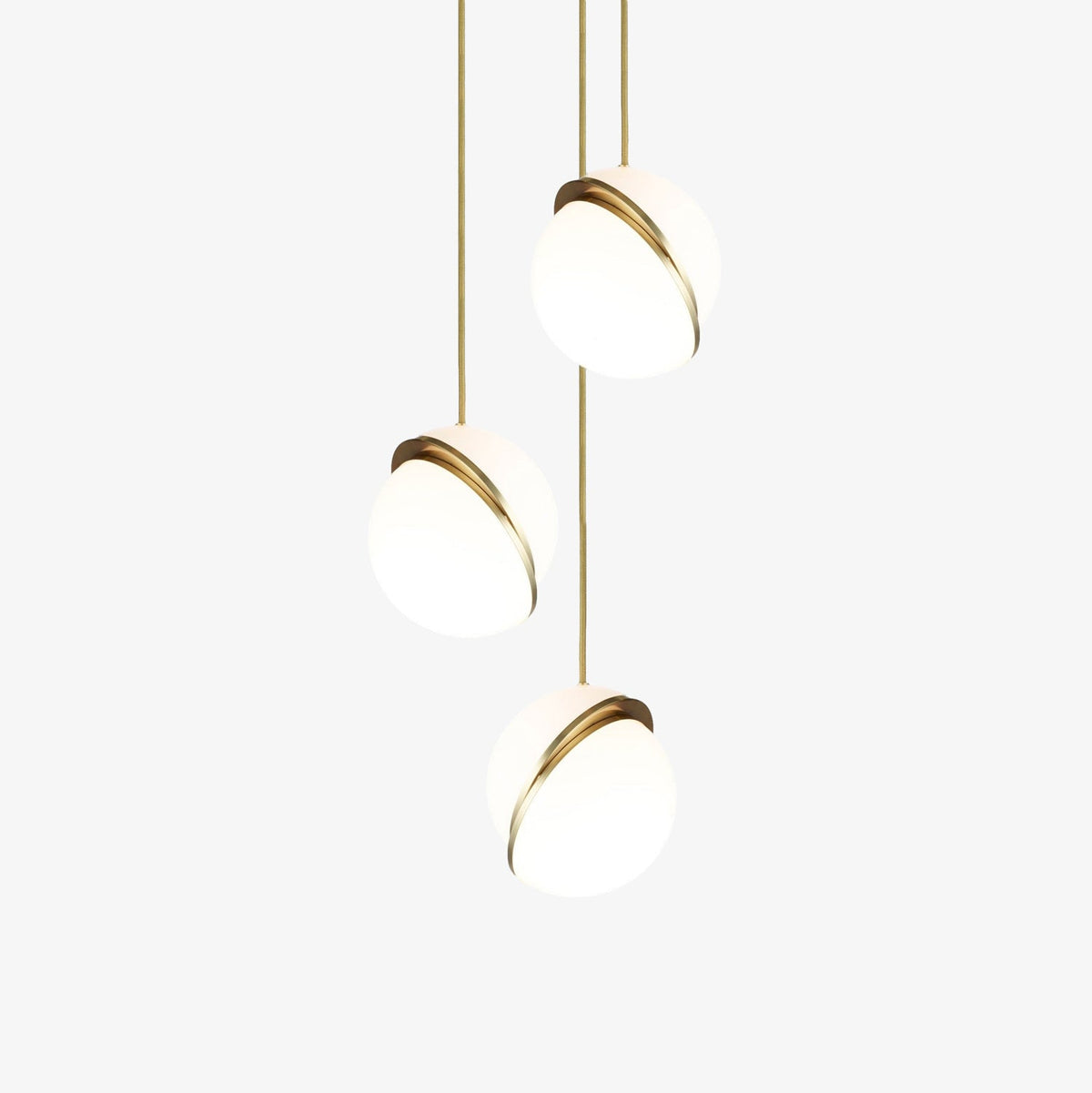 On a plain white backdrop, three brass-crescent pendants of this Clérachic fixture cluster on slender cords.