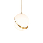 Far from the camera on a long brass cord, a single Clérachic pendant hangs against a plain grey backdrop.