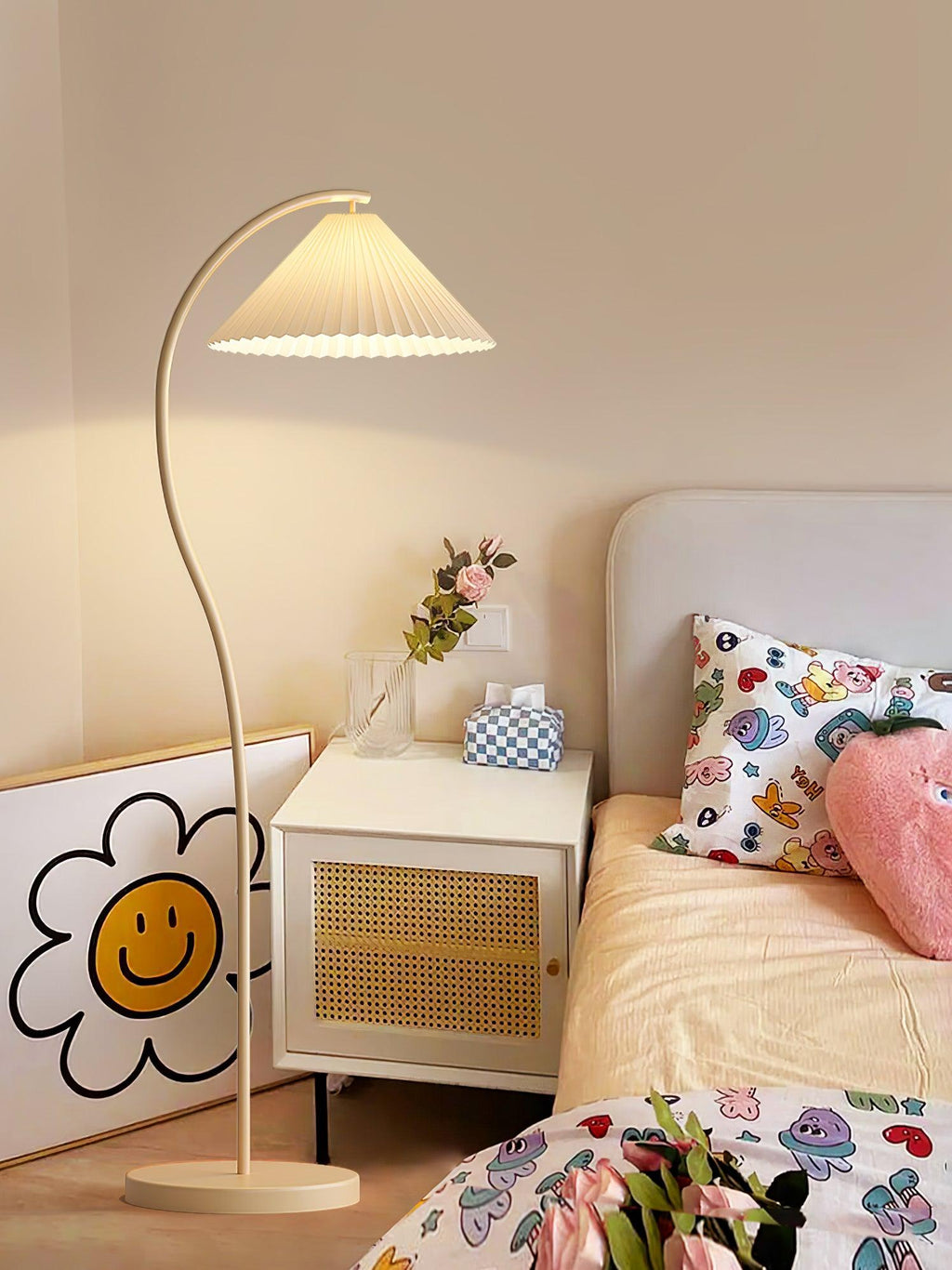 Pleated linen floor lamp in a softly furnished living space