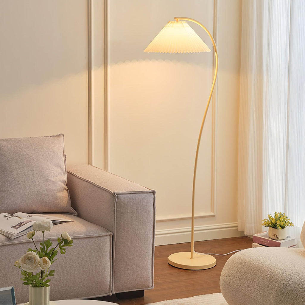 Side profile of the pleated linen shade on the floor lamp